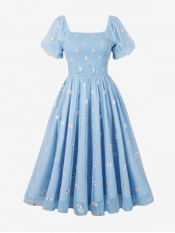 Ruched Panel Daisy Flower Embroidery Mesh Layered Vintage Dress - LIGHT BLUE - S