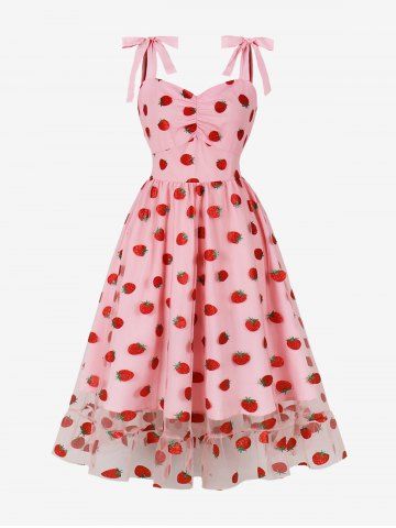 Strawberry Print Ruffles Trim Ruched Panel Tie Strap Vintage Dress - LIGHT PINK - S