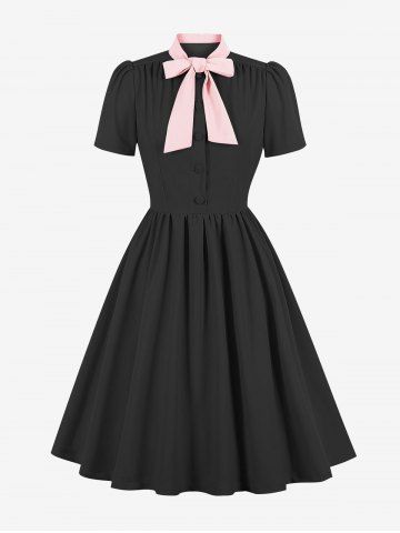 Tie Mandarin Collar Ruched Buttons A Line Vintage Dress - BLACK - S