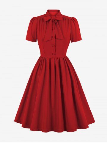 Tie Mandarin Collar Ruched Buttons A Line Vintage Dress - RED - S