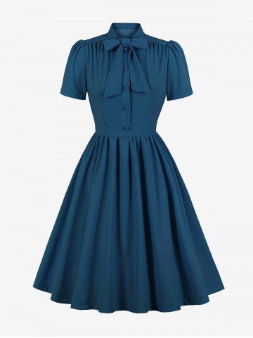 Tie Mandarin Collar Ruched Buttons A Line Vintage Dress - BLUE - S