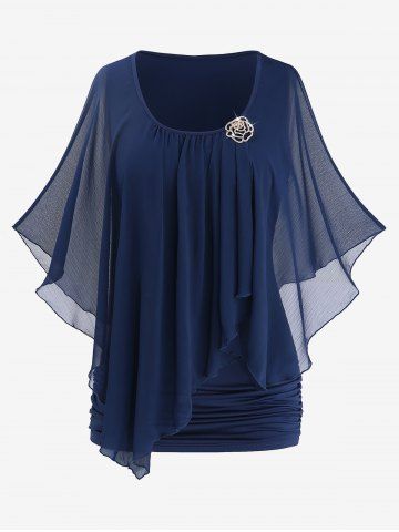 Plus Size Rose Flower Buckle Ruched Butterfly Sleeves Ruffles Asymmetrical Top - DEEP BLUE - 1X | US 14-16