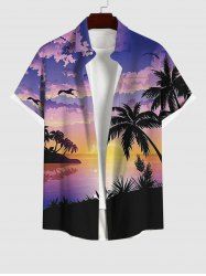 Plus Size Sunset Coconut Tree Bird Cloud Ombre Sky Print Buttons Pocket Hawaii Shirt For Men -  