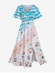 Plus Size Sea Waves Beach Seascape Colorful Sunshade Print Hawaii Split Dress -  