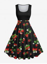 Plus Size Strawberry Flowers Leaf Print 1950s Vintage Dress -  