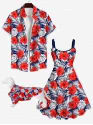 Red Hibiscus Flower Tropical Palm Leaf Print Hawaii Dog and Owner Matching Outfits -  