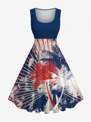 Plus Size Distressed Coconut Tree Patriotic American Flag Light Beam Tie Dye Print 1950s Vintage Swing A Line Dress -  