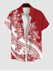 Plus Size Flower River Striped Print Hawaii Button Pocket Shirt For Men -  