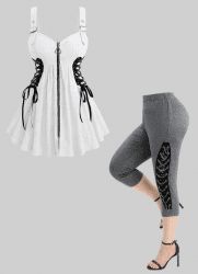 Hollow Out Jacquard Lace Up Zipper Tank Top and Patchwork Lace Marled Leggings Plus Size Outfit -  