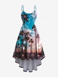 Plus Size Coconut Tree Glitter Sky Beach Print Hawaii High Low Asymmetric A Line Backless Cami Dress -  