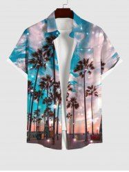 Plus Size Coconut Tree Glitter Sky Beach Print Hawaii Button Pocket Shirt For Men -  