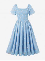 Ruched Panel Daisy Flower Embroidery Mesh Layered Vintage Dress -  