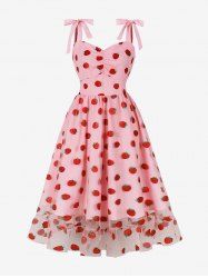 Strawberry Print Ruffles Trim Ruched Panel Tie Strap Vintage Dress -  