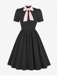 Tie Mandarin Collar Ruched Buttons A Line Vintage Dress -  