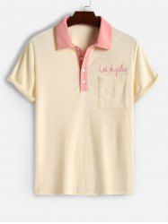 Men's Colorblock Terry Cloth Toweling Polo Collar Los Angeles Letter Embroidered Front Pocket Design Short Sleeves T-shirt -  