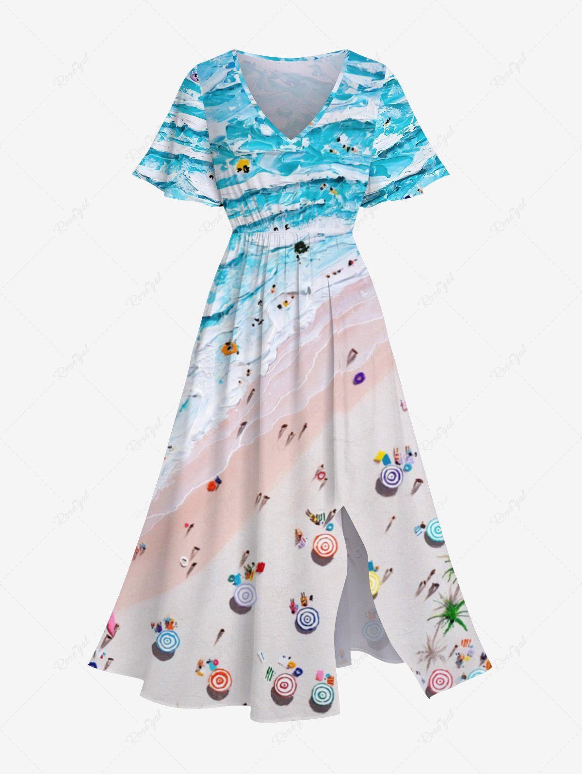 Outfits Plus Size Sea Waves Beach Seascape Colorful Sunshade Print Hawaii Split Dress  