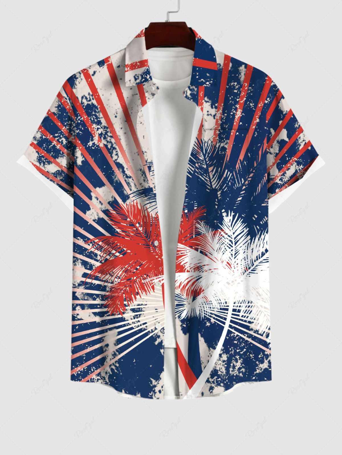 Trendy Plus Size Distressed Coconut Tree Patriotic American Flag Light Beam Tie Dye Print Button Pocket Shirt For Men  