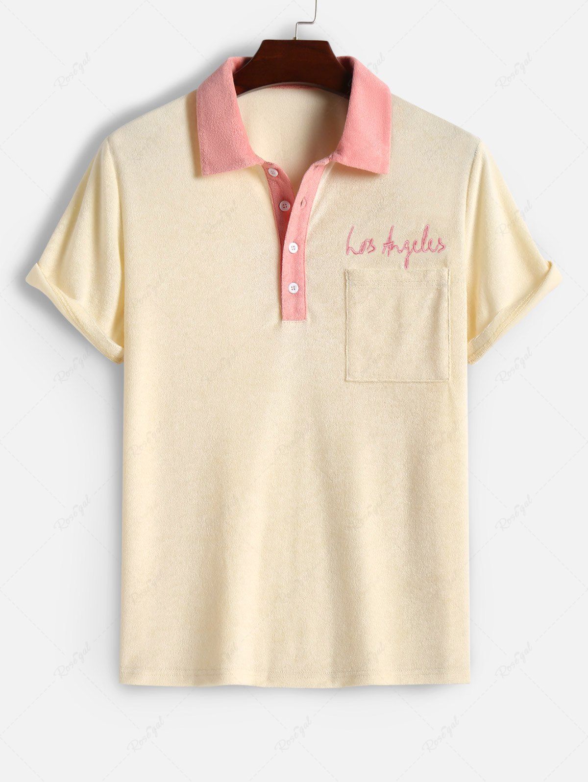 Fashion Men's Colorblock Terry Cloth Toweling Polo Collar Los Angeles Letter Embroidered Front Pocket Design Short Sleeves T-shirt  