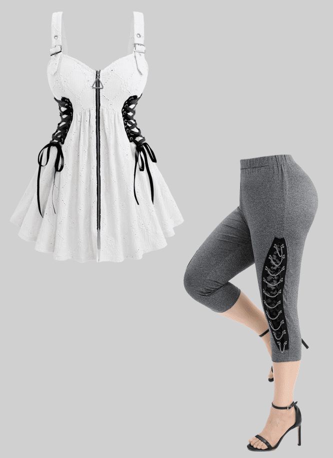 Trendy Hollow Out Jacquard Lace Up Zipper Tank Top and Patchwork Lace Marled Leggings Plus Size Outfit  
