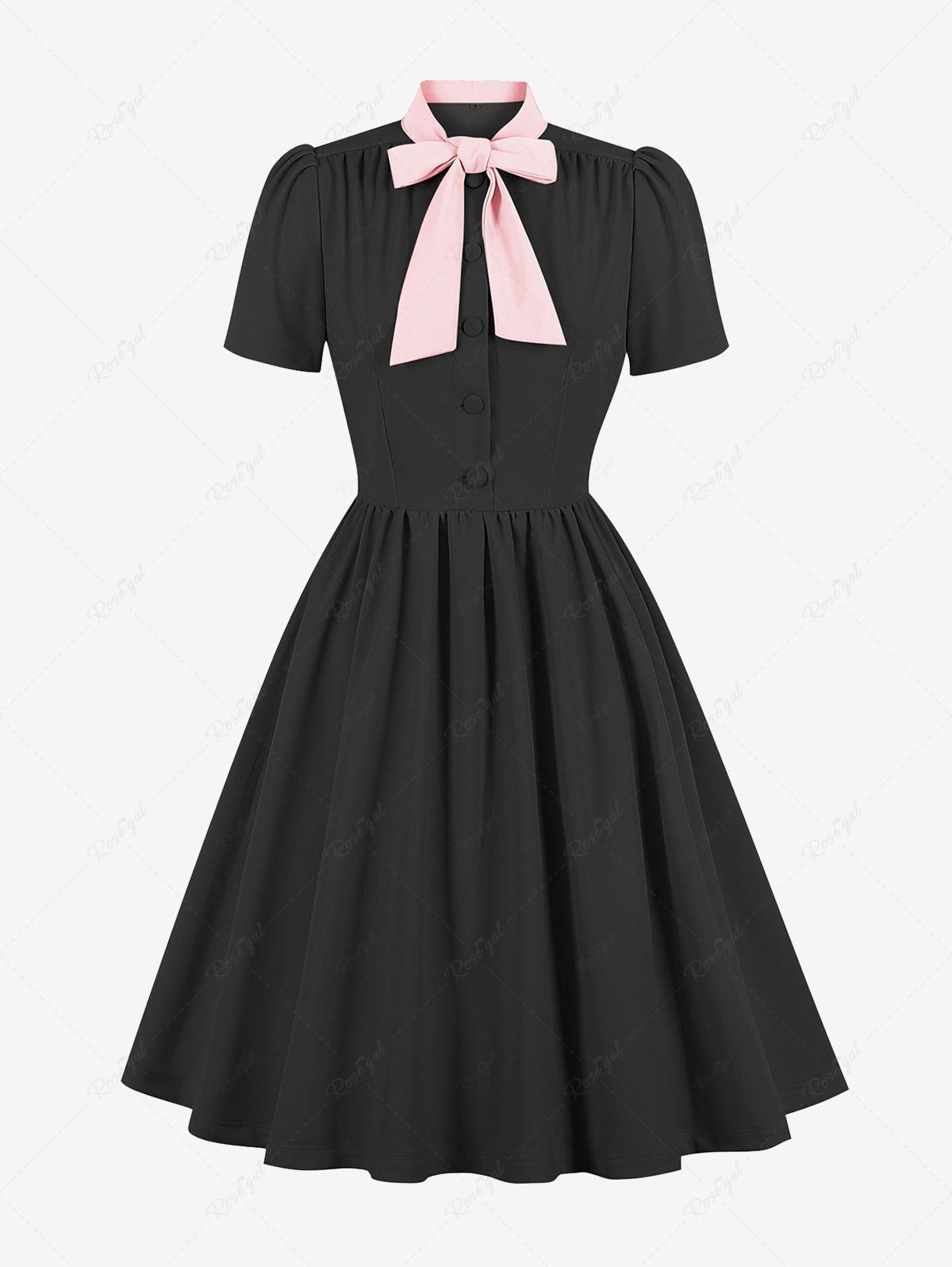 New Tie Mandarin Collar Ruched Buttons A Line Vintage Dress  