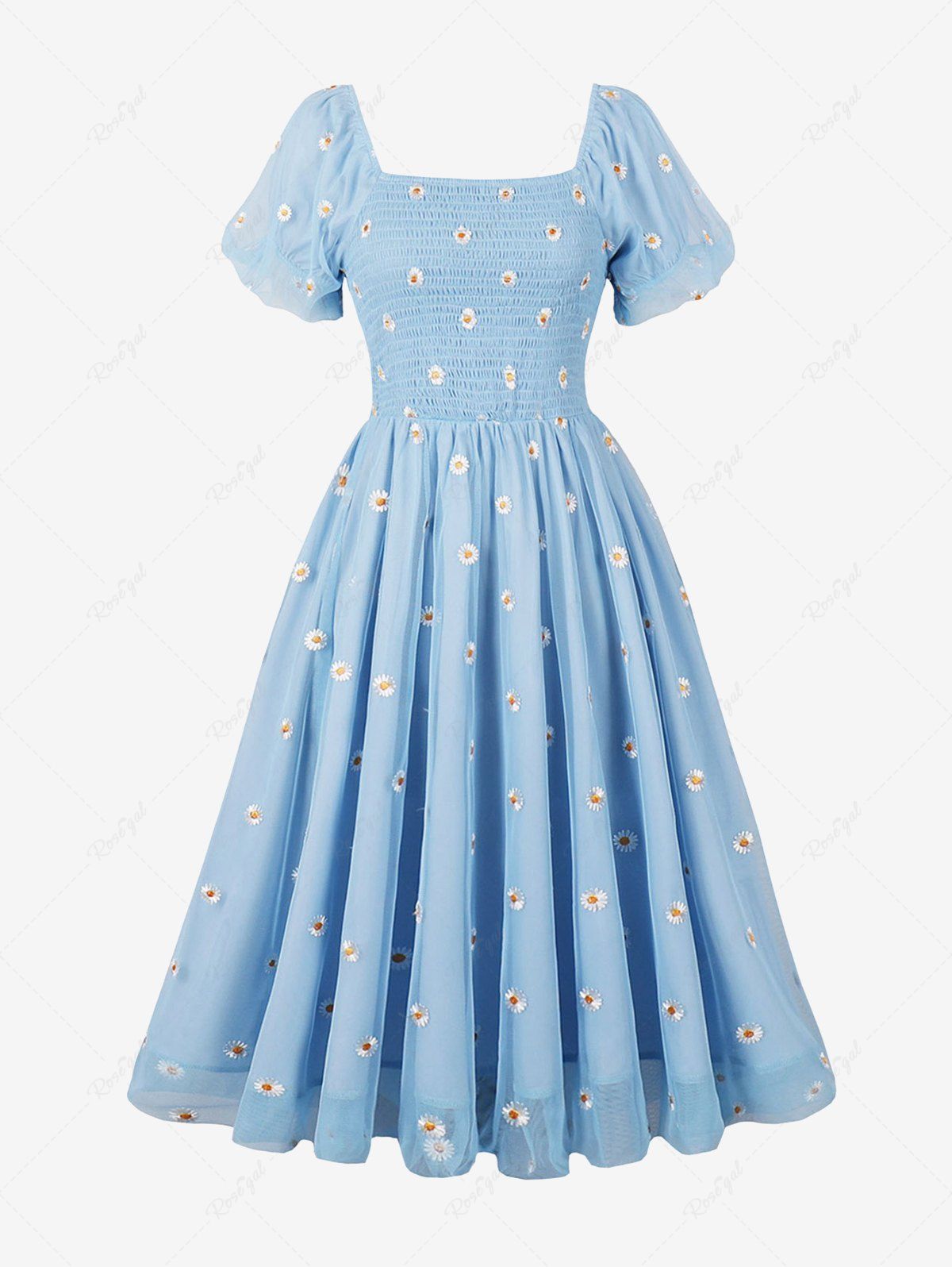 Outfit Ruched Panel Daisy Flower Embroidery Mesh Layered Vintage Dress  