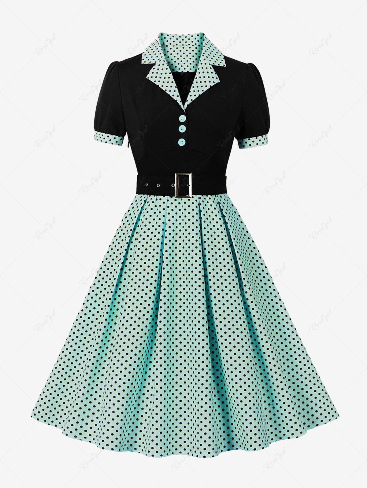 Fashion Polka Dot Print Turn-down Collar Buttons Buckle Belt Vintage Dress  
