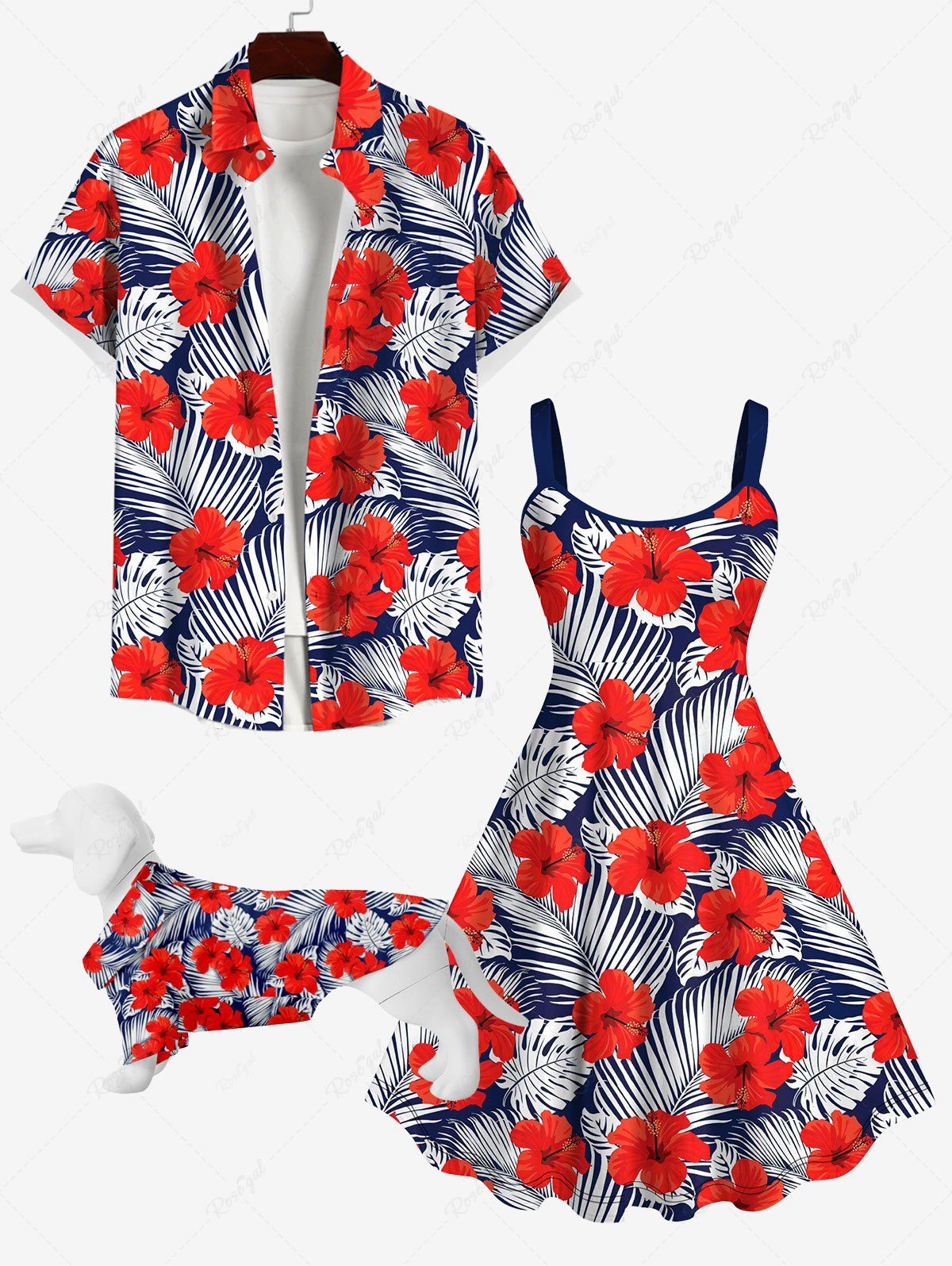 Fancy Red Hibiscus Flower Tropical Palm Leaf Print Hawaii Dog and Owner Matching Outfits  