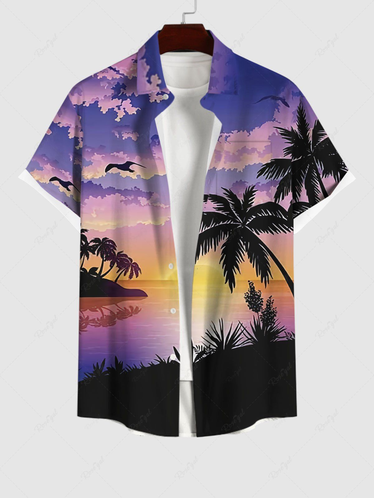 Affordable Plus Size Sunset Coconut Tree Bird Cloud Ombre Sky Print Buttons Pocket Hawaii Shirt For Men  