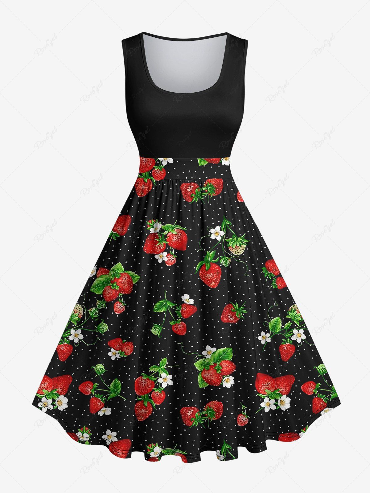 Shop Plus Size Strawberry Flowers Leaf Print 1950s Vintage Dress  