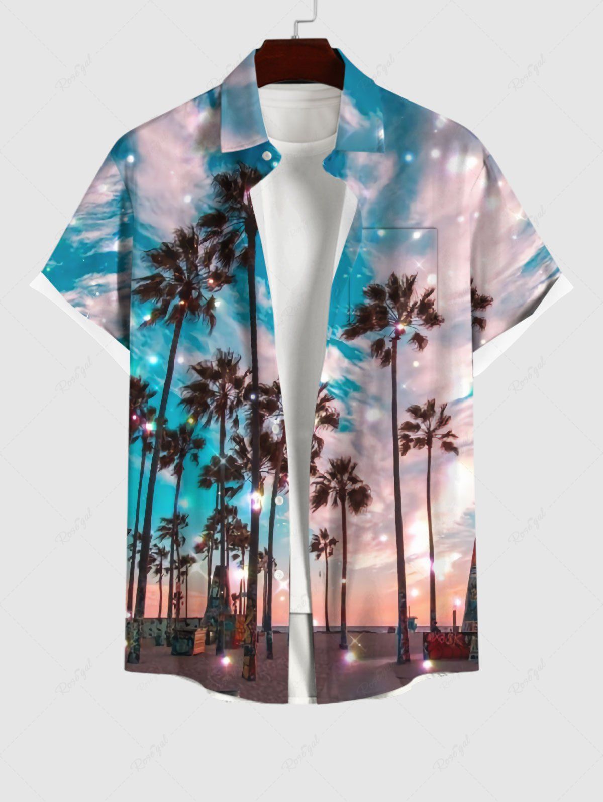 Outfits Plus Size Coconut Tree Glitter Sky Beach Print Hawaii Button Pocket Shirt For Men  