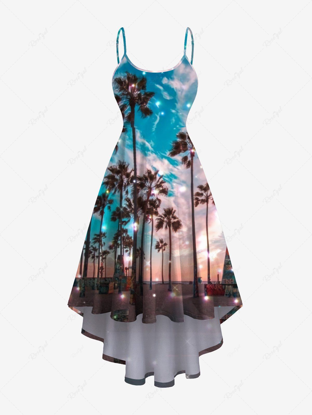 Discount Plus Size Coconut Tree Glitter Sky Beach Print Hawaii High Low Asymmetric A Line Backless Cami Dress  
