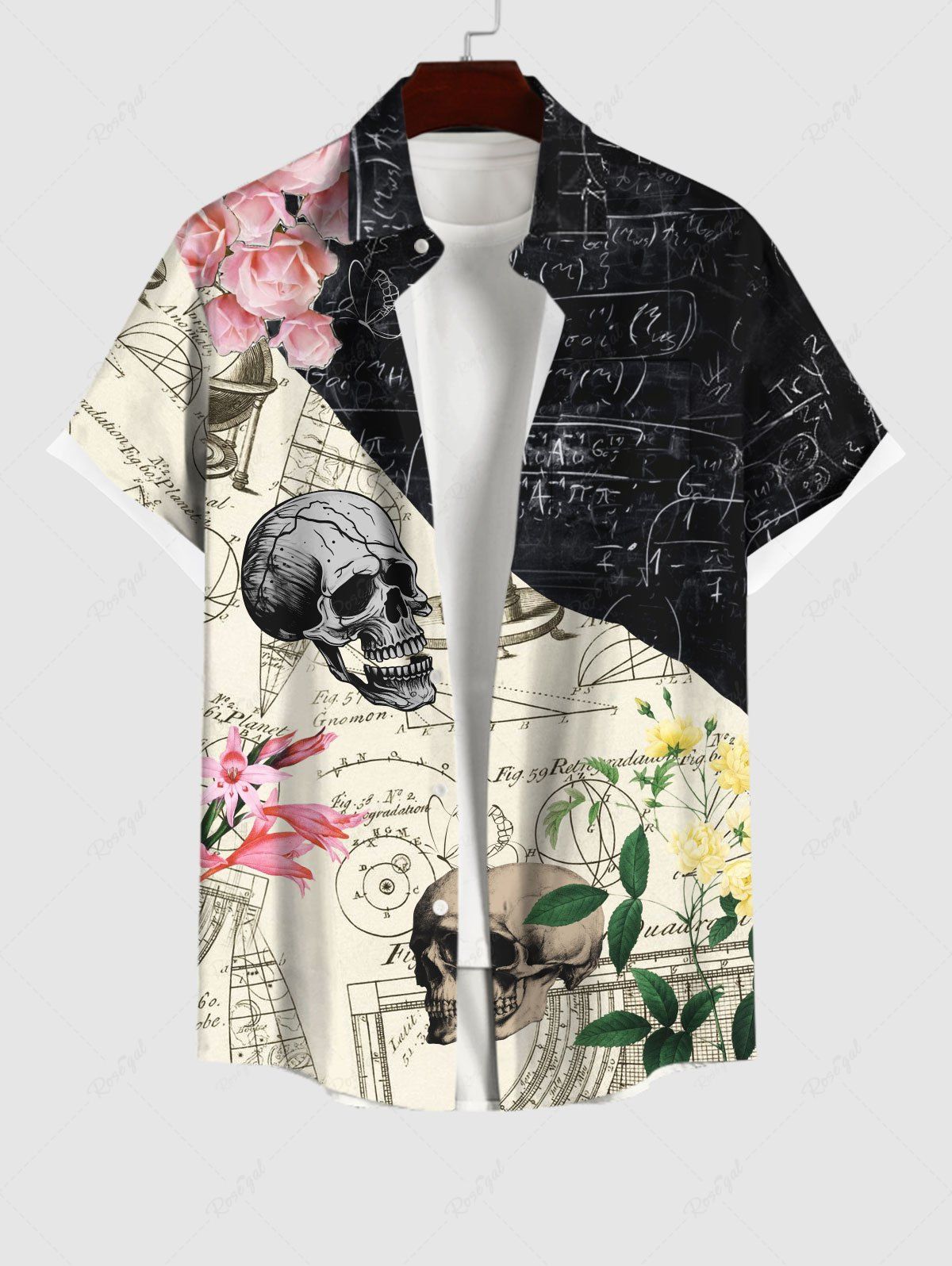 Latest Plus Size Skulls Floral Mathematical Geometry Print Button Pocket Shirt For Men  