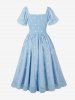 Ruched Panel Daisy Flower Embroidery Mesh Layered Vintage Dress -  