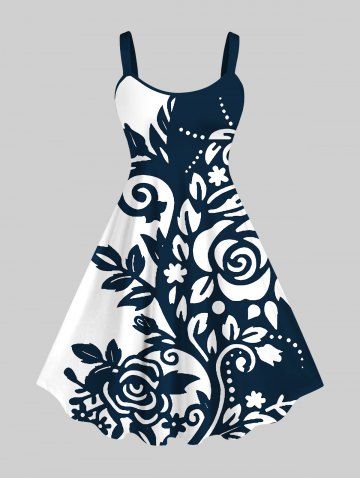 Plus Size Two Tone Curve Flowers Leaf Print Hawaii Tank Dress