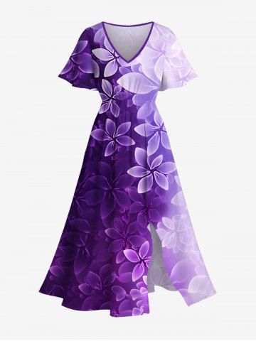 Plus Size Flowers Ombre Glitter 3D Print Split Dress - PURPLE - S