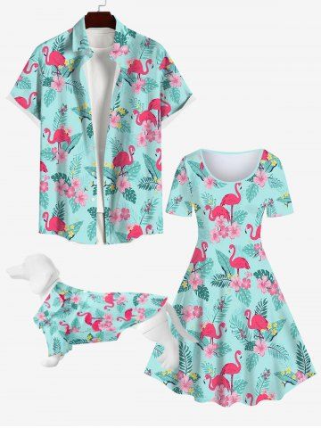 Flamingo Coconut Tree Leaf Floral Print Hawaii Dog And Owner Matching Outfits - LIGHT GREEN