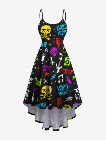 Plus Size Colorful Skull Glasses Guitar Microphone Letters Stars Print High Low Asymmetric Backless Cami Dress - BLACK - M