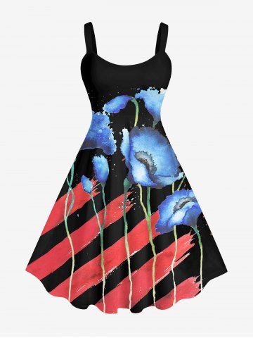 Plus Size Watercolor Ombre Floral Striped Painting Patriotic American Flag Print Backless A Line Tank Dress - BLACK - XS