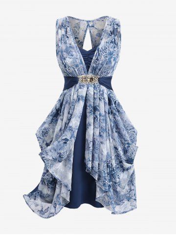 Plus Size Flowers Print Bowknot Buckle Ruched Asymmetrical 2 In 1 Dress - BLUE - L | US 12