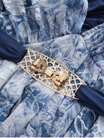 Plus Size Flowers Print Bowknot Buckle Ruched Asymmetrical 2 In 1 Dress