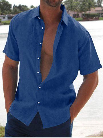 Men's Cotton And Linen Textured Asymmetric Hem Summer Comfortable Casual Short Sleeves Shirt - DEEP BLUE - M