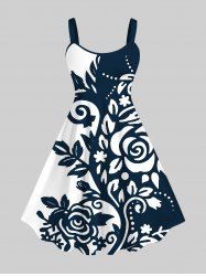 Plus Size Two Tone Curve Flowers Leaf Print Hawaii Tank Dress -  