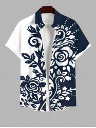 Plus Size Two Tone Curve Flowers Leaf Print Buttons Pocket Hawaii Shirt For Men -  