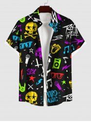 Plus Size Colorful Skull Glasses Guitar Microphone Letters Stars Print Button Pocket Shirt For Men -  