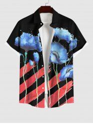 Plus Size Watercolor Ombre Floral Striped Painting Patriotic American Flag Print Button Pocket Shirt For Men -  