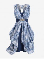 Plus Size Flowers Print Bowknot Buckle Ruched Asymmetrical 2 In 1 Dress -  