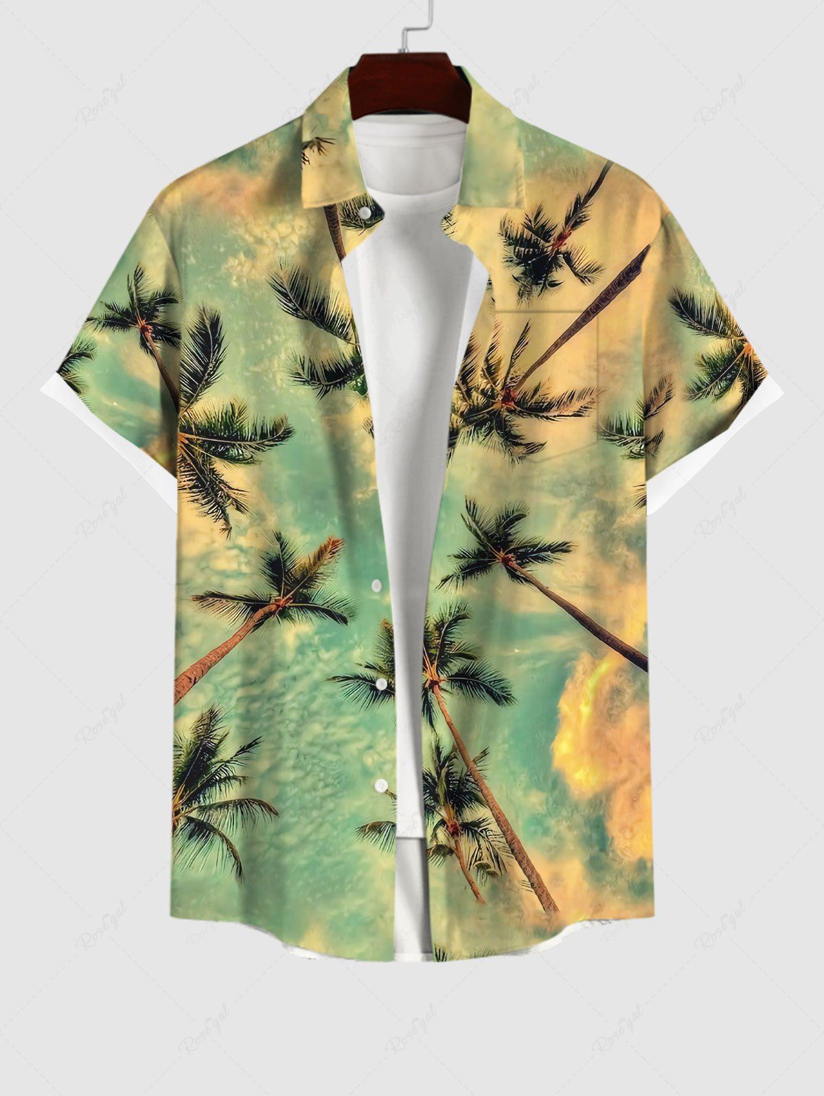 Fashion Men's Coconut Tree Ombre Sky Print Buttons Pocket Hawaii Shirt  