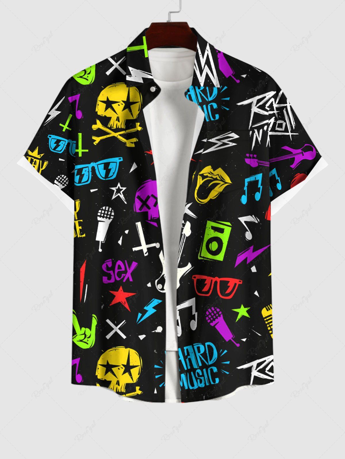 Buy Plus Size Colorful Skull Glasses Guitar Microphone Letters Stars Print Button Pocket Shirt For Men  