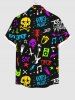 Plus Size Colorful Skull Glasses Guitar Microphone Letters Stars Print Button Pocket Shirt For Men -  