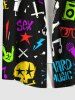 Plus Size Colorful Skull Glasses Guitar Microphone Letters Stars Print Button Pocket Shirt For Men -  